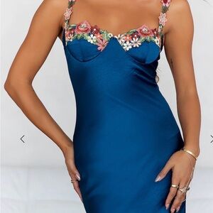 Elegant Blue Floral Embellished Maxi Dress